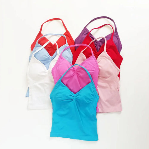 Strappy Open-Back Longline Workout Top. (Built-In Bra!) Halter Neck Style